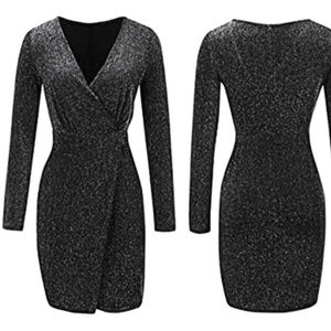 NWT Bodycon Metallic Black Glitter V-Neck Sheath Dress Size Small